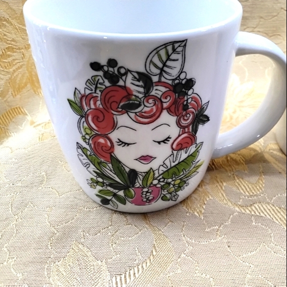 2~Ceramic Coffee Tea Mug Red Headed Lady W/Crazy Plant Lady Leaves Design - Picture 4 of 7